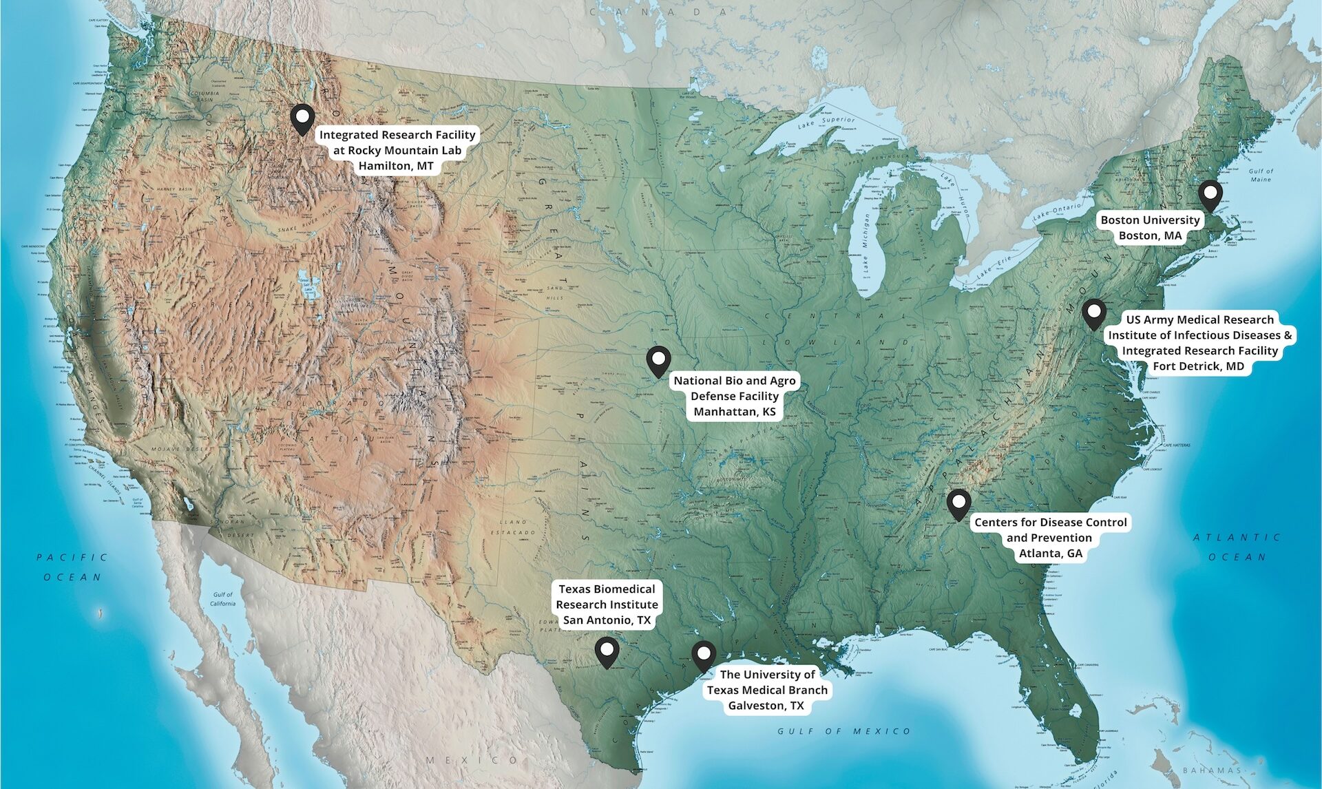 Map of North America with pins showing locations of BSL-4 labs in MT, KS, TX, MA, MD, GA.