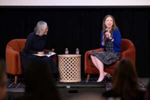 Elizabeth Crawford moderates a fireside chat with Shannon Sedgwick Davis