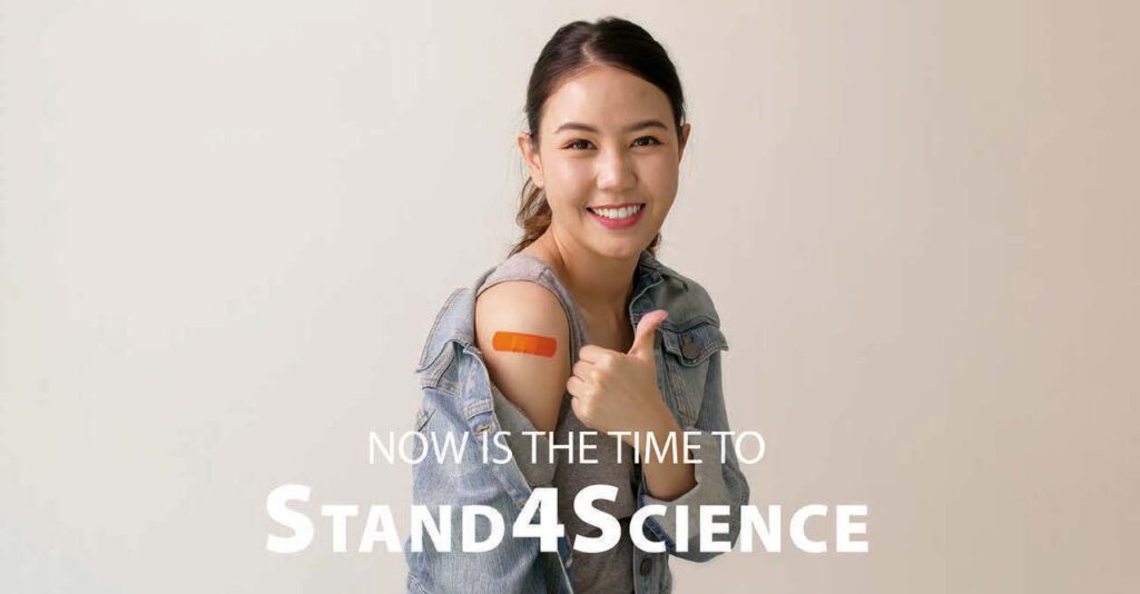 Stand for science poster with a woman and the words its time to stand for science